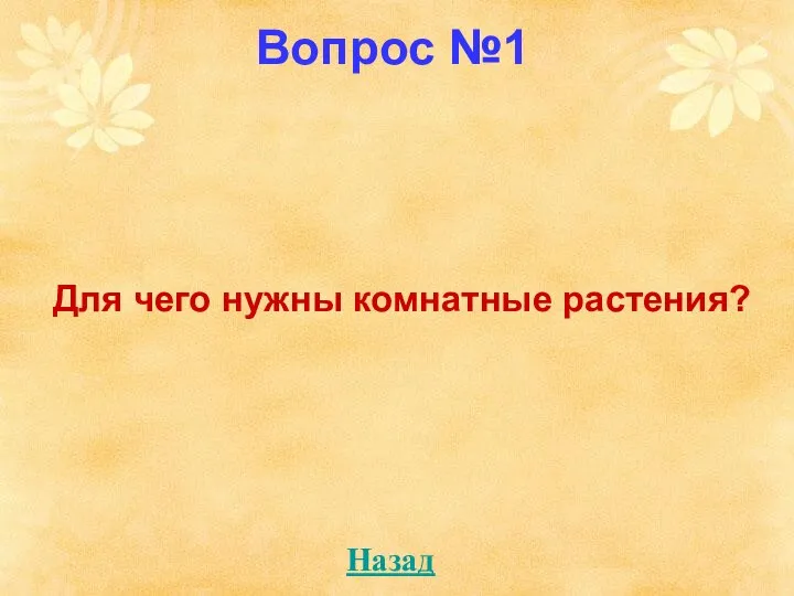 Вопрос №1 Для чего нужны комнатные растения? Назад