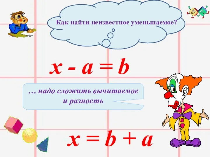 Как найти неизвестное уменьшаемое? х - а = b х =