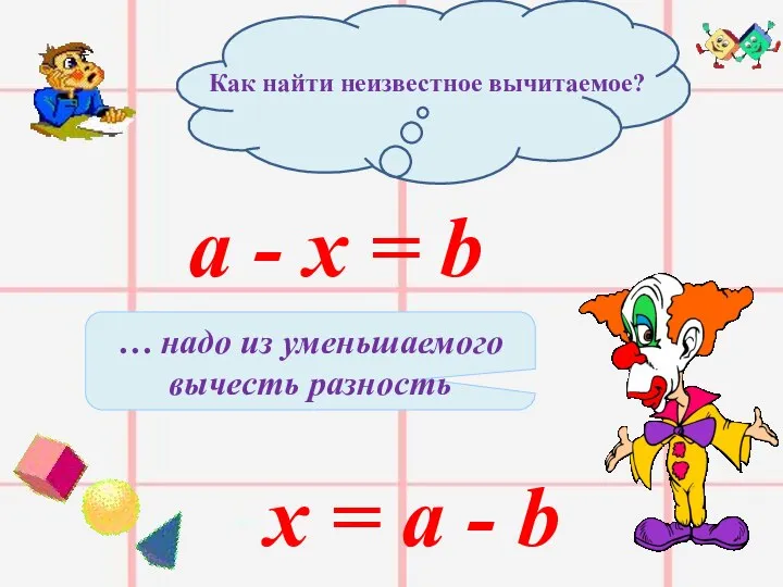 Как найти неизвестное вычитаемое? а - х = b х =