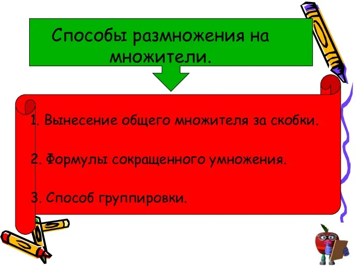 Способы размножения на множители. 1. Вынесение общего множителя за скобки. 2.