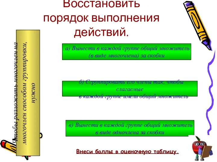 Восстановить порядок выполнения действий. Чтобы разложить многочлен на многочлен способом группировки,