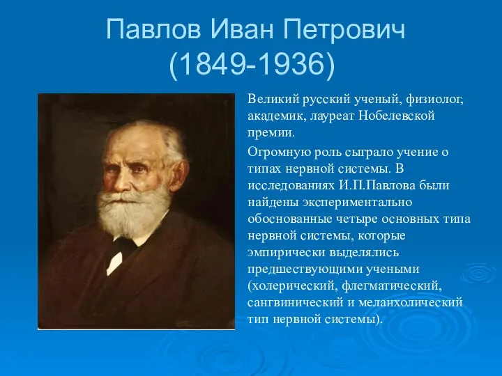 Павлов Иван Петрович (1849-1936) Великий русский ученый, физиолог, академик, лауреат Нобелевской