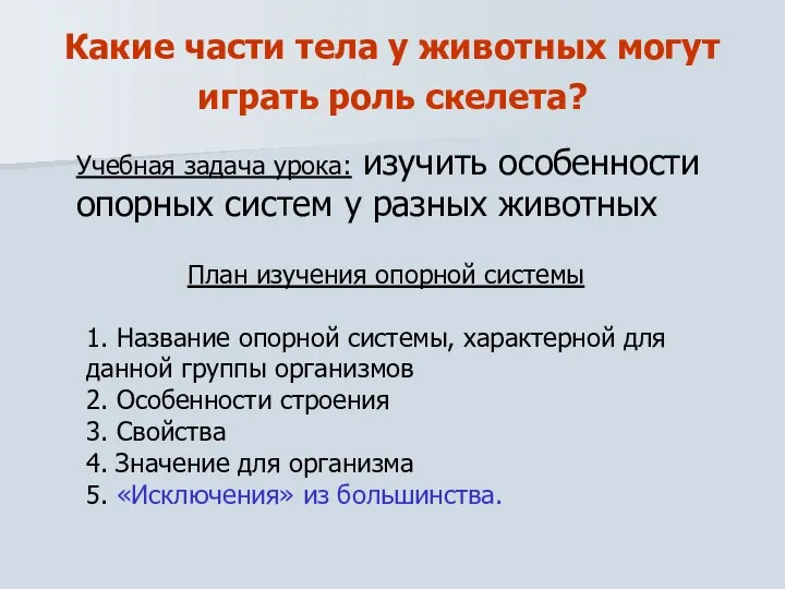 Какие части тела у животных могут играть роль скелета? Учебная задача