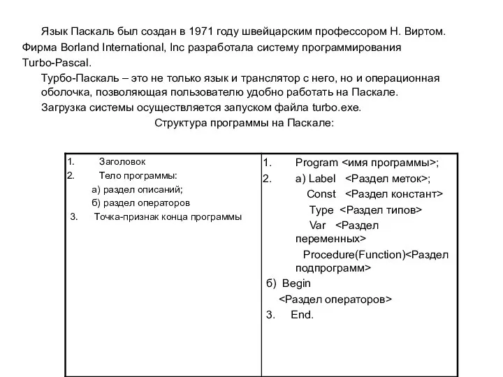 Язык Паскаль был создан в 1971 году швейцарским профессором Н. Виртом.