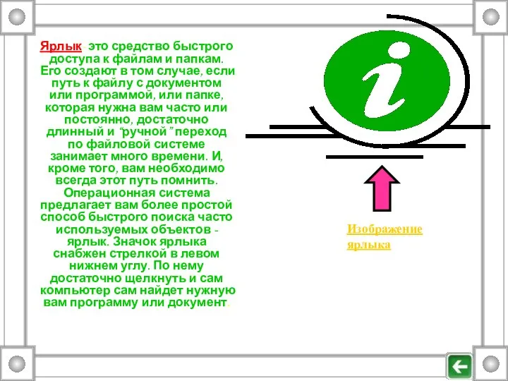 Ярлык- это средство быстрого доступа к файлам и папкам. Его создают