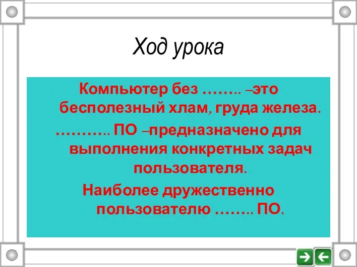 Ход урока Компьютер без …….. –это бесполезный хлам, груда железа. ………..