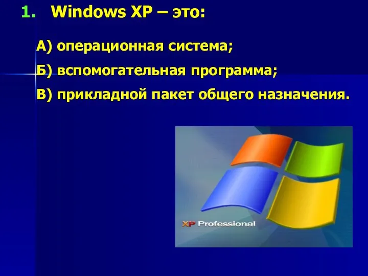 Windows XP – это: А) операционная система; Б) вспомогательная программа; В) прикладной пакет общего назначения.