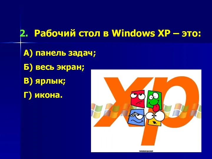 Рабочий стол в Windows XP – это: А) панель задач; Б)