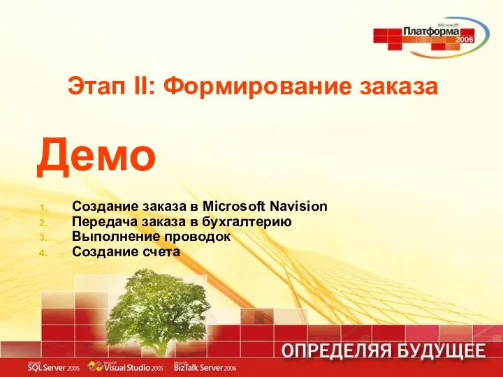 Этап II: Формирование заказа Демо Создание заказа в Microsoft Navision Передача