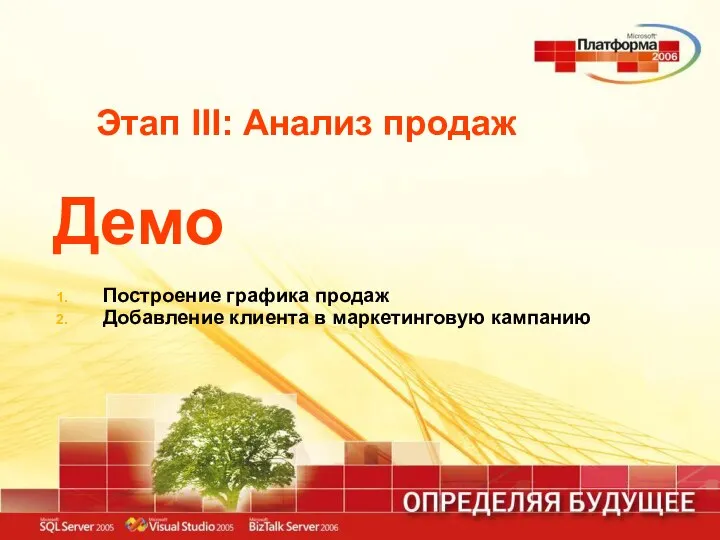 Этап III: Анализ продаж Демо Построение графика продаж Добавление клиента в маркетинговую кампанию