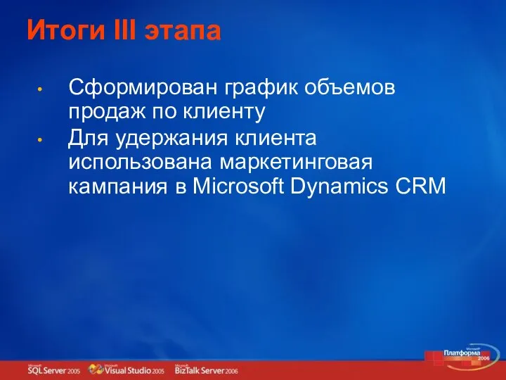 Итоги III этапа Сформирован график объемов продаж по клиенту Для удержания