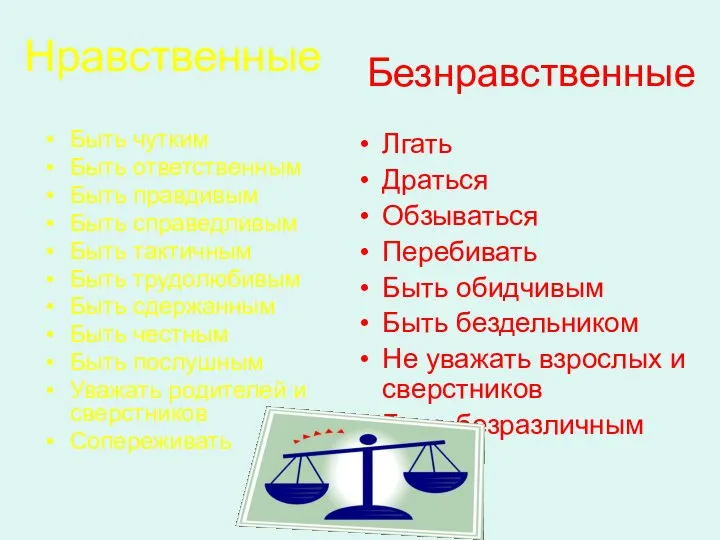 Нравственные Быть чутким Быть ответственным Быть правдивым Быть справедливым Быть тактичным