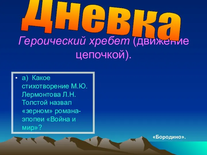 Героический хребет (движение цепочкой). а) Какое стихотворение М.Ю.Лермонтова Л.Н.Толстой назвал «зерном»