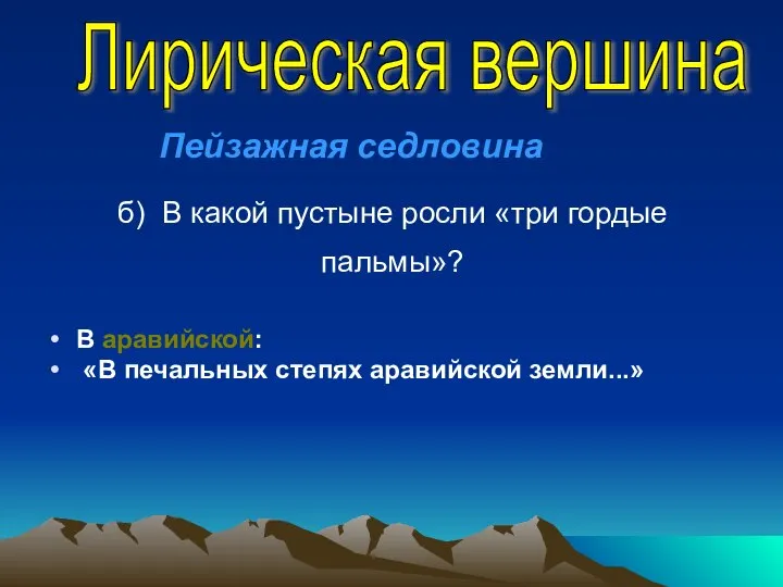 б) В какой пустыне росли «три гордые пальмы»? В аравийской: «В