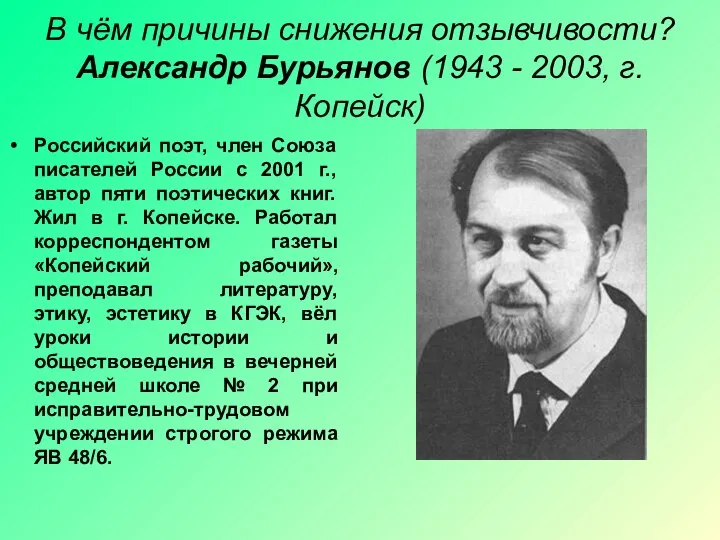 В чём причины снижения отзывчивости? Александр Бурьянов (1943 - 2003, г.