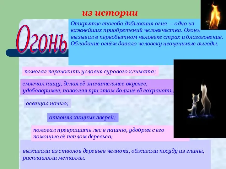из истории Огонь помогал переносить условия сурового климата; смягчал пищу, делая