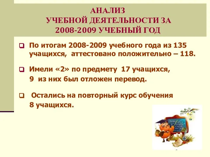 АНАЛИЗ УЧЕБНОЙ ДЕЯТЕЛЬНОСТИ ЗА 2008-2009 УЧЕБНЫЙ ГОД По итогам 2008-2009 учебного