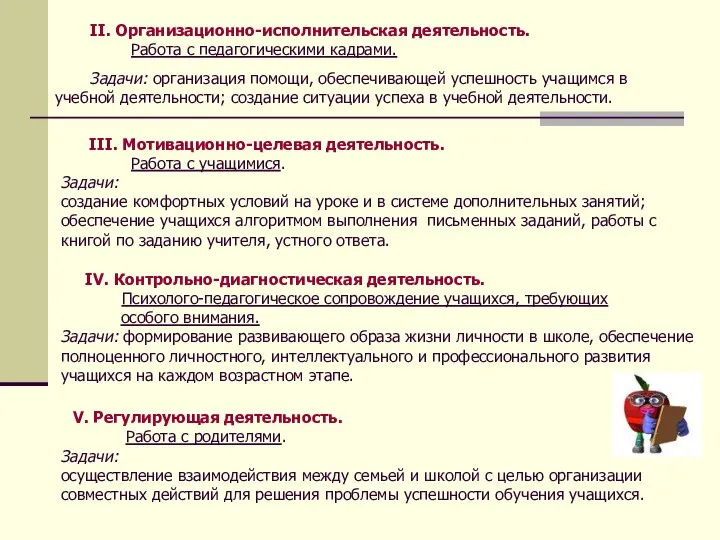 II. Организационно-исполнительская деятельность. Работа с педагогическими кадрами. Задачи: организация помощи, обеспечивающей