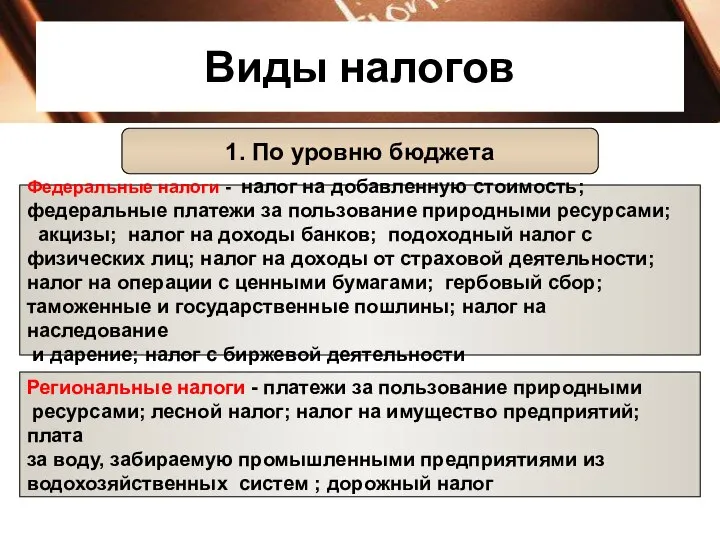 Виды налогов 1. По уровню бюджета Региональные налоги - платежи за