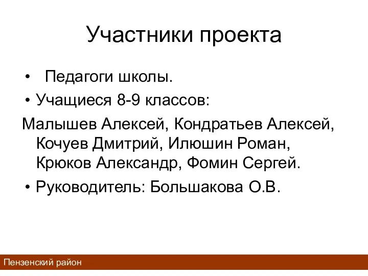 Участники проекта Педагоги школы. Учащиеся 8-9 классов: Малышев Алексей, Кондратьев Алексей,