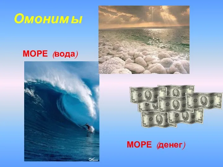 Омоним ы МОРЕ (вода) МОРЕ (денег)