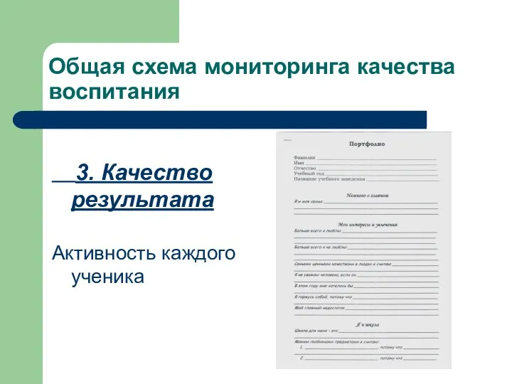 Общая схема мониторинга качества воспитания 3. Качество результата Активность каждого ученика