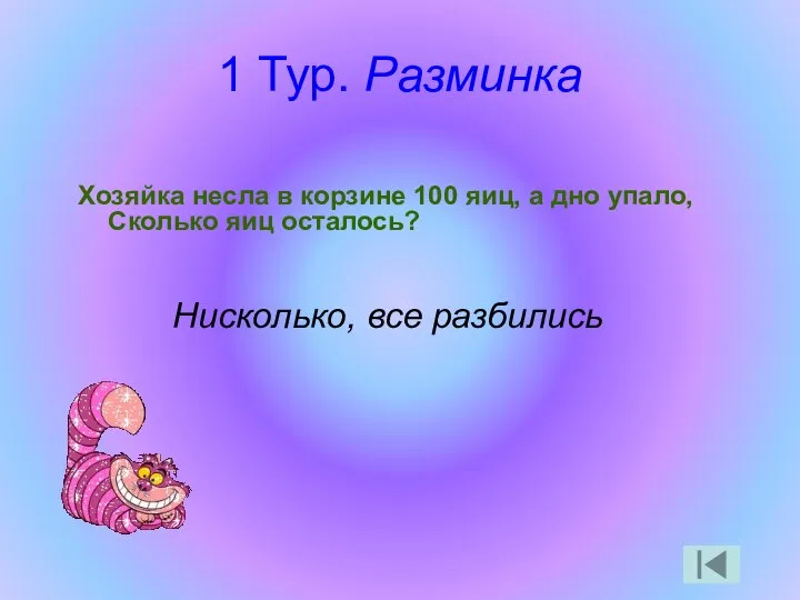 1 Тур. Разминка Хозяйка несла в корзине 100 яиц, а дно