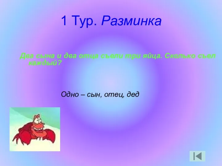 1 Тур. Разминка Два сына и два отца съели три яйца.