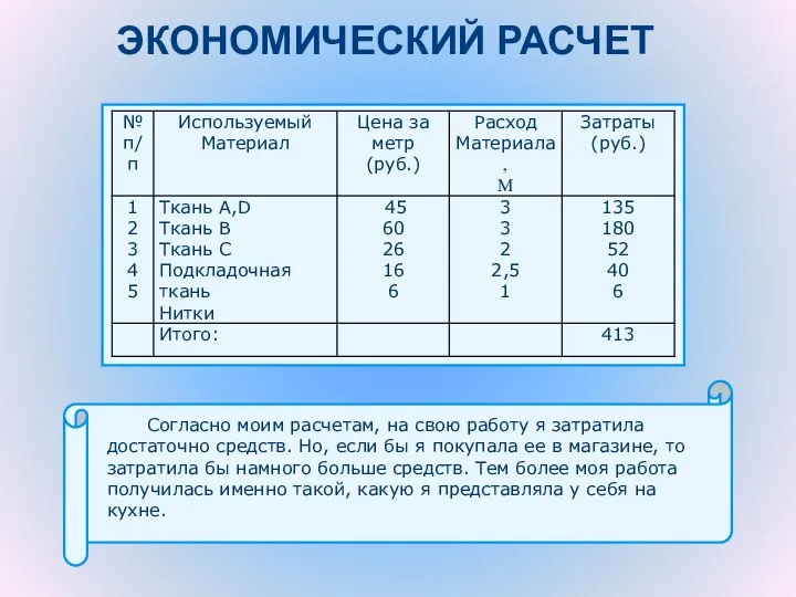 ЭКОНОМИЧЕСКИЙ РАСЧЕТ Согласно моим расчетам, на свою работу я затратила достаточно