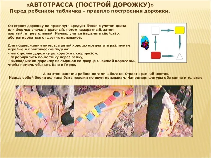 «АВТОТРАССА (ПОСТРОЙ ДОРОЖКУ)» Перед ребенком табличка – правило построения дорожки. Он