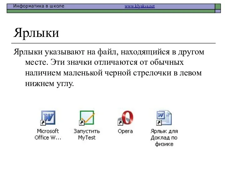 Ярлыки Ярлыки указывают на файл, находящийся в другом месте. Эти значки