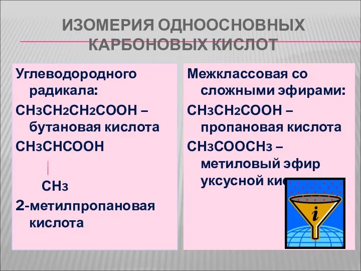 ИЗОМЕРИЯ ОДНООСНОВНЫХ КАРБОНОВЫХ КИСЛОТ Углеводородного радикала: СН3СН2СН2СООН – бутановая кислота СН3СНСООН