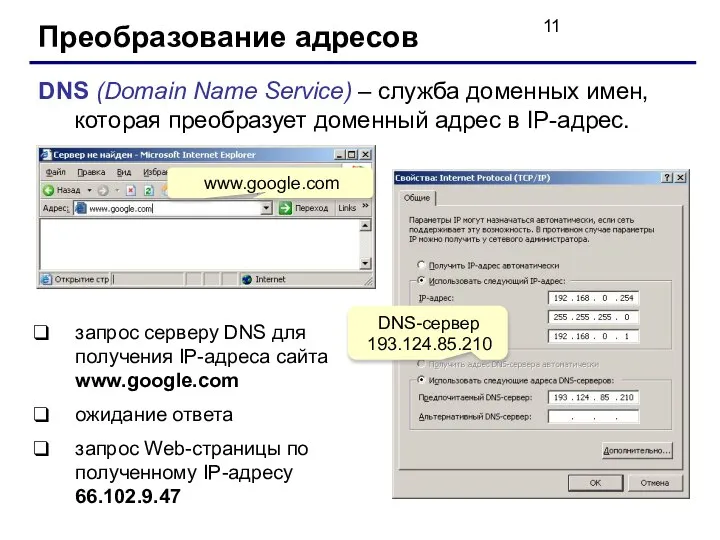 Преобразование адресов DNS (Domain Name Service) – служба доменных имен, которая