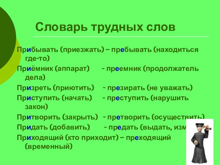 Словарь трудных слов Прибывать (приезжать) – пребывать (находиться где-то) Приёмник (аппарат)