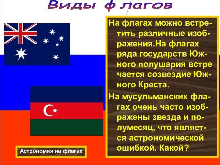 На флагах можно встре- тить различные изоб-ражения.На флагах ряда государств Юж-ного