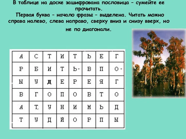 В таблице на доске зашифрована пословица – сумейте ее прочитать. Первая