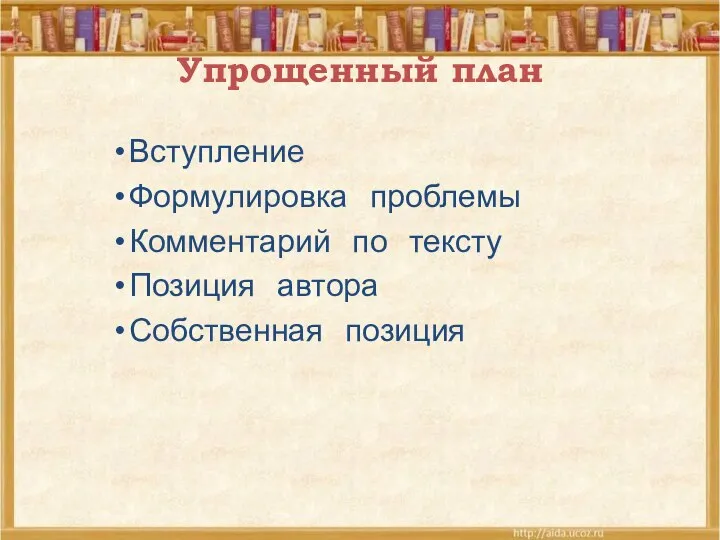 Упрощенный план Вступление Формулировка проблемы Комментарий по тексту Позиция автора Собственная позиция