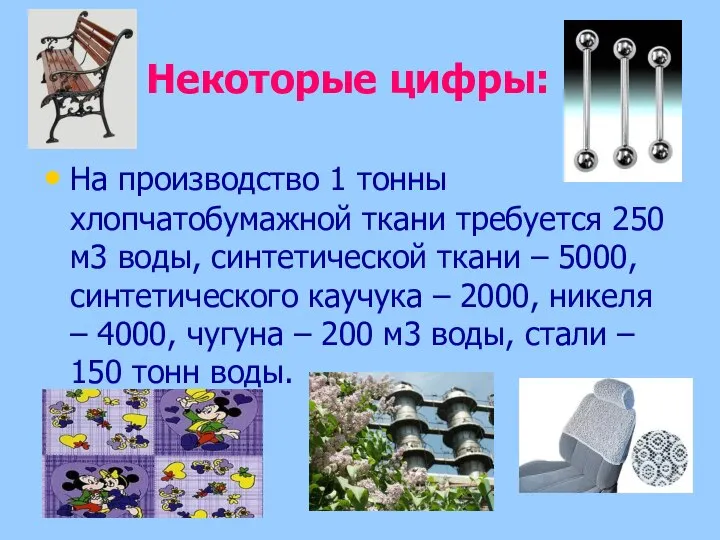 Некоторые цифры: На производство 1 тонны хлопчатобумажной ткани требуется 250 м3