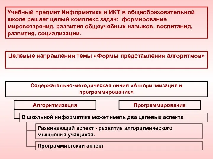 В школьной информатике может иметь два целевых аспекта Развивающий аспект -