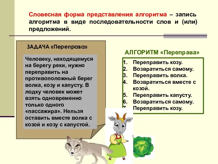 Словесная форма представления алгоритма – запись алгоритма в виде последовательности слов