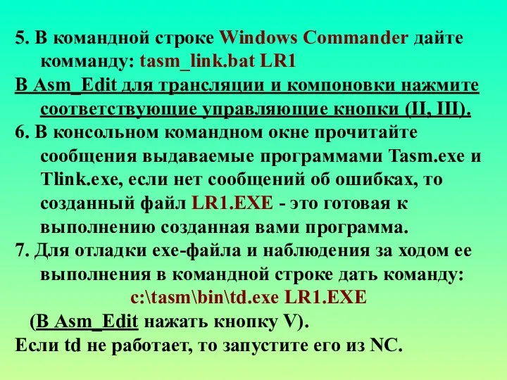 5. В командной строке Windows Commander дайте комманду: tasm_link.bat LR1 В