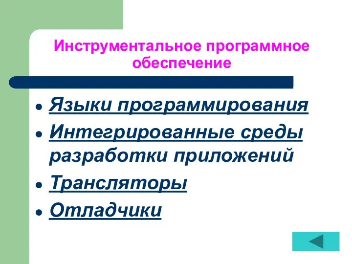 Инструментальное программное обеспечение Языки программирования Интегрированные среды разработки приложений Трансляторы Отладчики