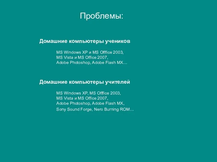 Домашние компьютеры учеников Проблемы: MS Windows XP и MS Offfice 2003,