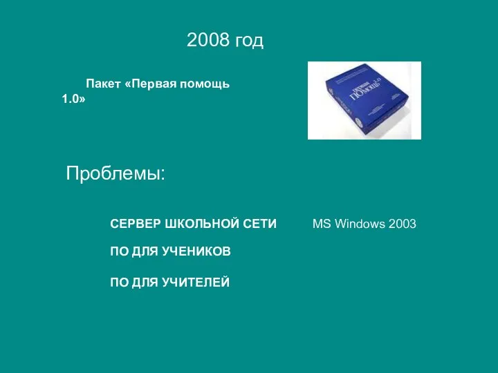 Пакет «Первая помощь 1.0» 2008 год СЕРВЕР ШКОЛЬНОЙ СЕТИ Проблемы: MS