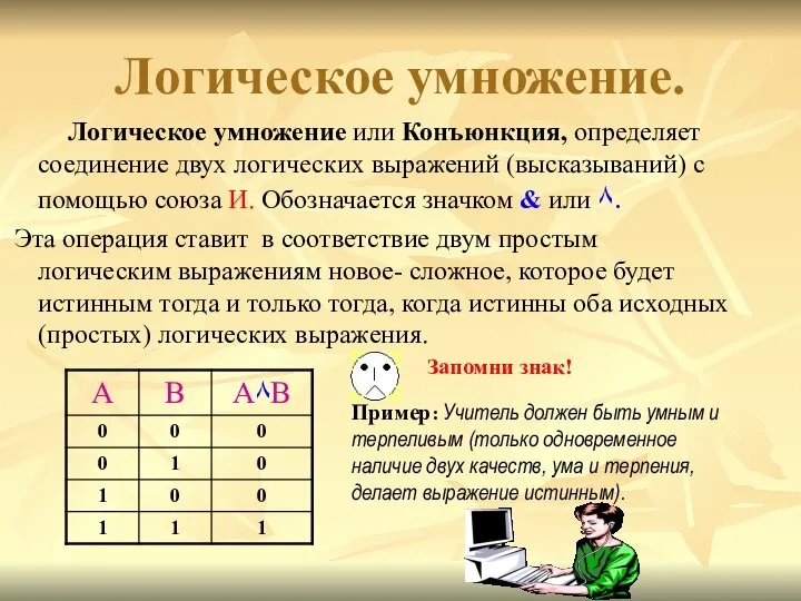 Логическое умножение. Логическое умножение или Конъюнкция, определяет соединение двух логических выражений