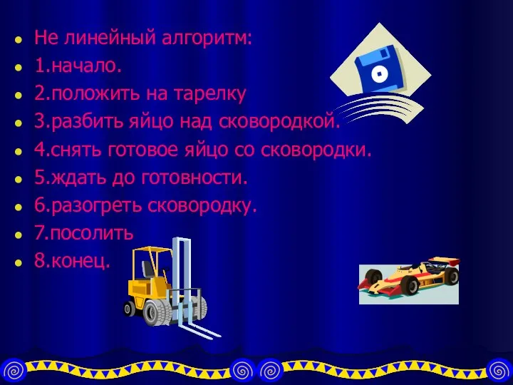 Не линейный алгоритм: 1.начало. 2.положить на тарелку 3.разбить яйцо над сковородкой.