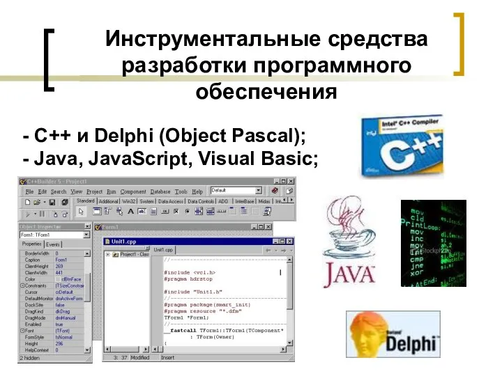 Инструментальные средства разработки программного обеспечения - С++ и Delphi (Object Pascal); - Java, JavaScript, Visual Basic;
