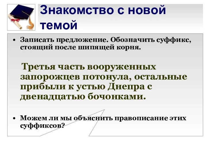 Знакомство с новой темой Записать предложение. Обозначить суффикс, стоящий после шипящей