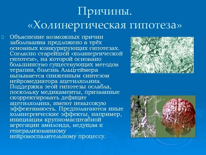 Причины. «Холинергическая гипотеза» Объяснение возможных причин заболевания предложено в трёх основных