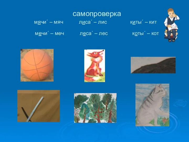 самопроверка мячи´ – мяч лиса´ – лис киты´ – кит мечи´